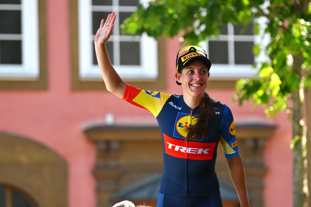 MUHLHAUSEN GERMANY JUNE 28 Lucinda Brand of The Netherlands and Team LidlTrek celebrates at podium as stage winner during the 36th Internationale LOTTO Thringen Ladies Tour 2024 Stage 4 a 1114km stage from Muhlhausen to Muhlhausen on June 28 2024 in Muhlhausen Germany Photo by Luc ClaessenGetty Images