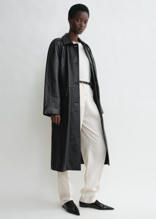 Raglan-Sleeve Leather Coat Black