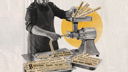 Photo collage of a sausage making machine being loaded with cut up words, producing word jumbles