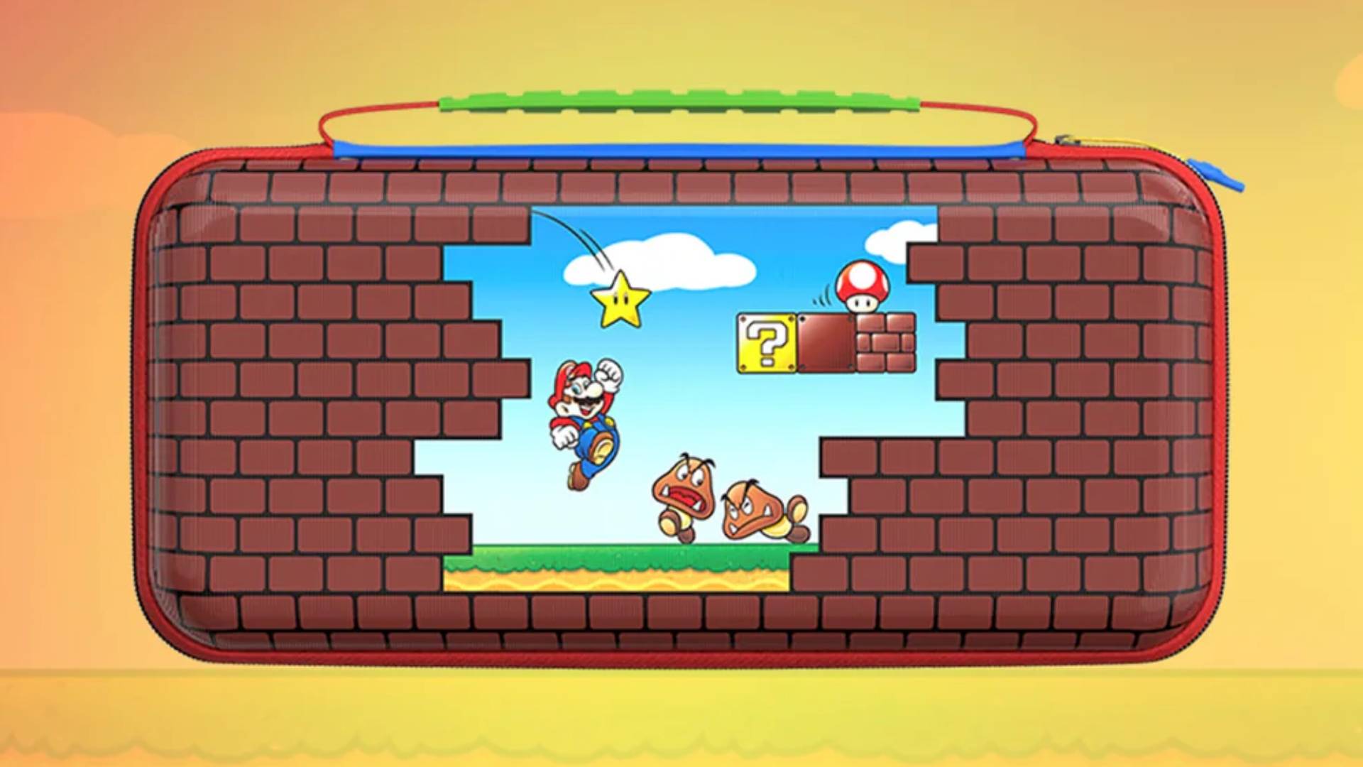 An image of a Super Mario Switch 2 featuring a brick design, on an orange and yellow background.
