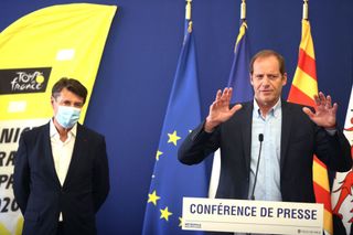 Tour de France director Christian Prudhomme R and Mayor of Nice Christian Estrosi give a press conference to present sanitary measures over the COVID19 novel coronavirus pandemic put in place for the start of the 107th edition of the Tour De France cycling race in the French Riviera city of Nice on August 19 2020 The 2020 edition of the Tour de France kicks off in Nice on August 29 and runs to September 20 postponed from June 27 to July 19 due to the coronavirus pandemic Photo by Valery HACHE AFP Photo by VALERY HACHEAFP via Getty Images