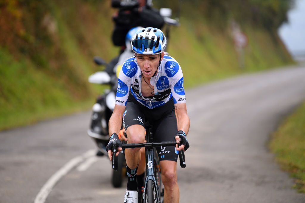 ALTU DEL GAMONITEIRU SPAIN SEPTEMBER 02 Romain Bardet of France and Team DSM polka dot mountain jersey competes during the 76th Tour of Spain 2021 Stage 18 a 1626km stage from Salas to Altu dEl Gamoniteiru 1770m lavuelta LaVuelta21 on September 02 2021 in Altu dEl Gamoniteiru Spain Photo by Tim de WaeleGetty Images