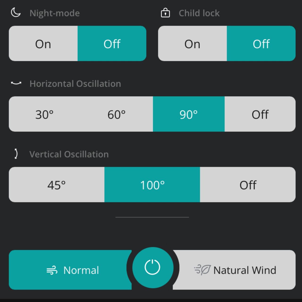 App controls of the Duux Whisper Flex 2 for selecting mode and oscillation