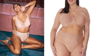 two models wearing beige plus size lingerie, a full brief and molded cup bra