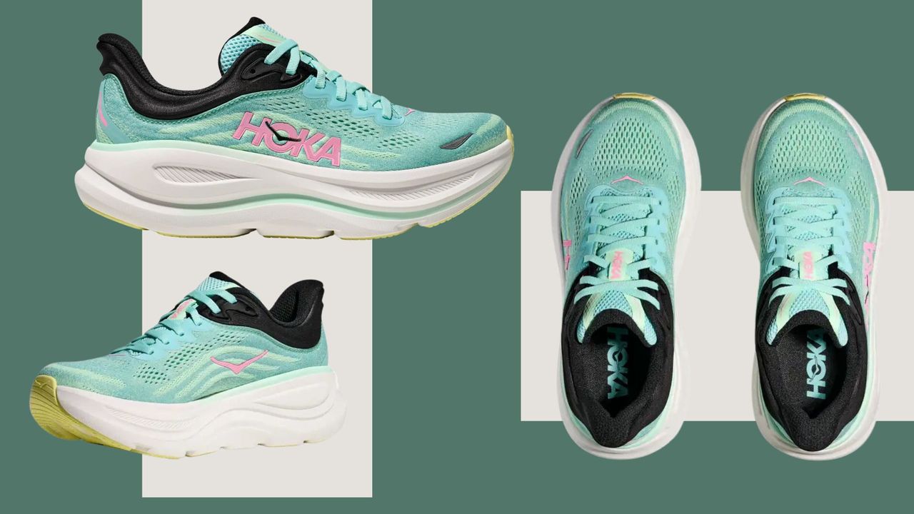 Hoka Bondi 9 from three angles - front on, sideways, and from inside out