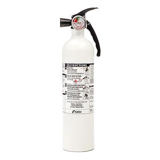 A white fire extinguisher canister with a black hose