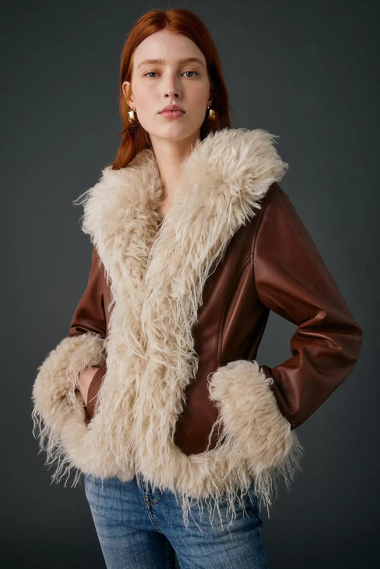 Kimchi Blue Tiffany Faux Leather + Faux Fur Trim Jacket