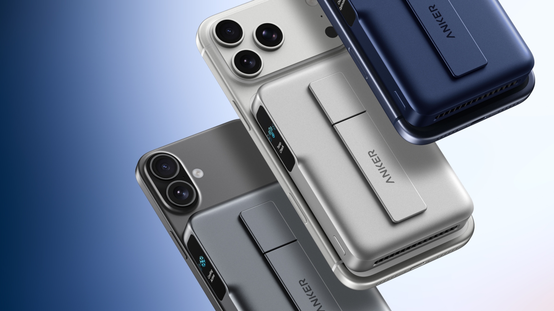 The Anker MagGo Power Bank Pro 2 on the back of three smartphones
