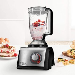 The Bosch MultiTalent 8 food processor paired with the smoothie jug attachment filled with fresh fruit.