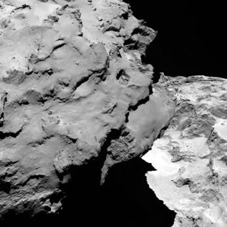 Rosetta spacecraft's OSIRIS narrow-angle camera obtained this close-up detail of comet 67P/Churyumov-Gerasimenko on August 6, 2014. The comet’s "head" lies at the left, casting shadows onto the "neck" and "body" to the right.