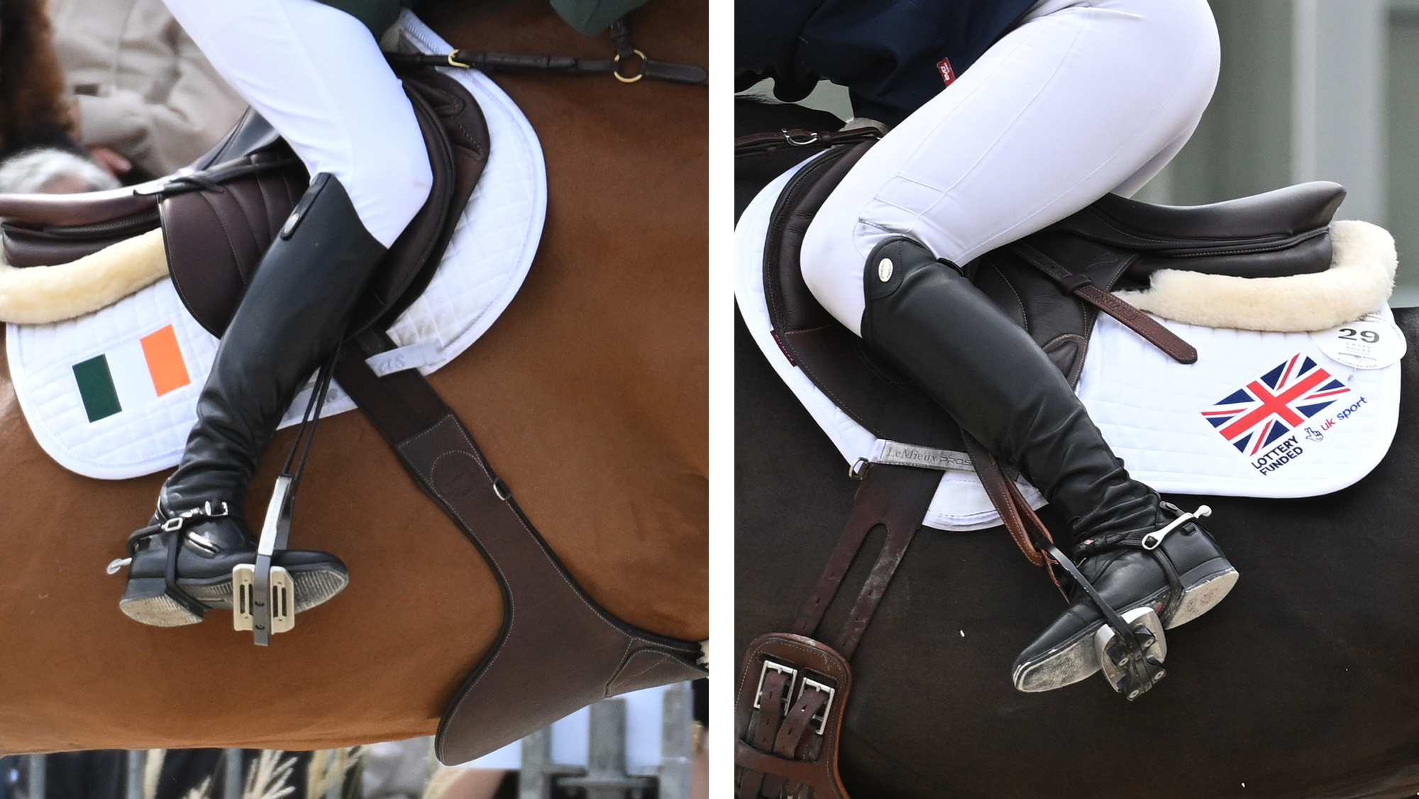 A close up of an Irish showjumper's saddle and leg, with the Irish flag on the saddle cloth, alongside a close up of a British showjumper&rsquo;s saddle and leg, with the union flag on the saddle cloth.