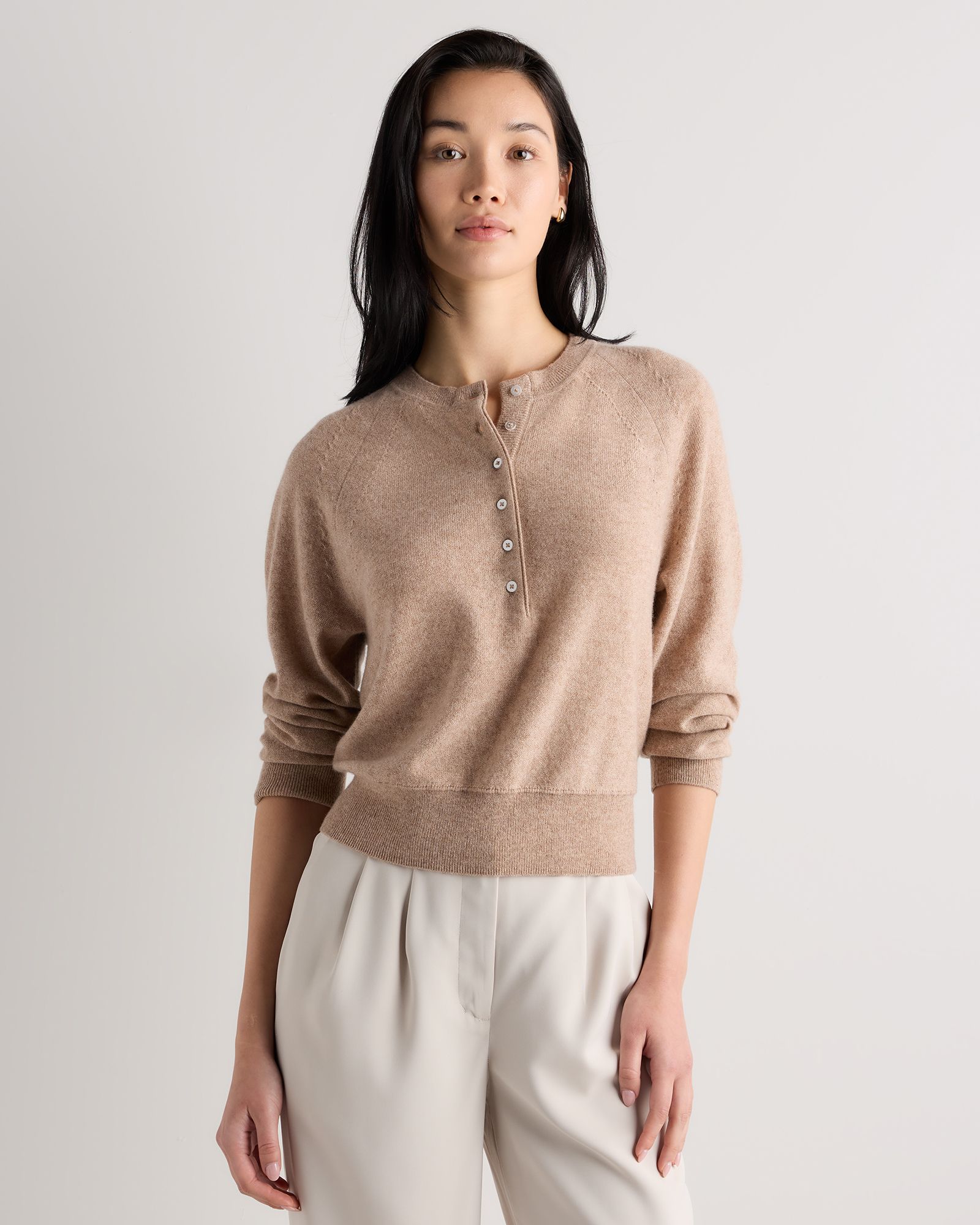 100% Mongolian Cashmere Dolman Sleeve Henley Sweater in Oatmeal