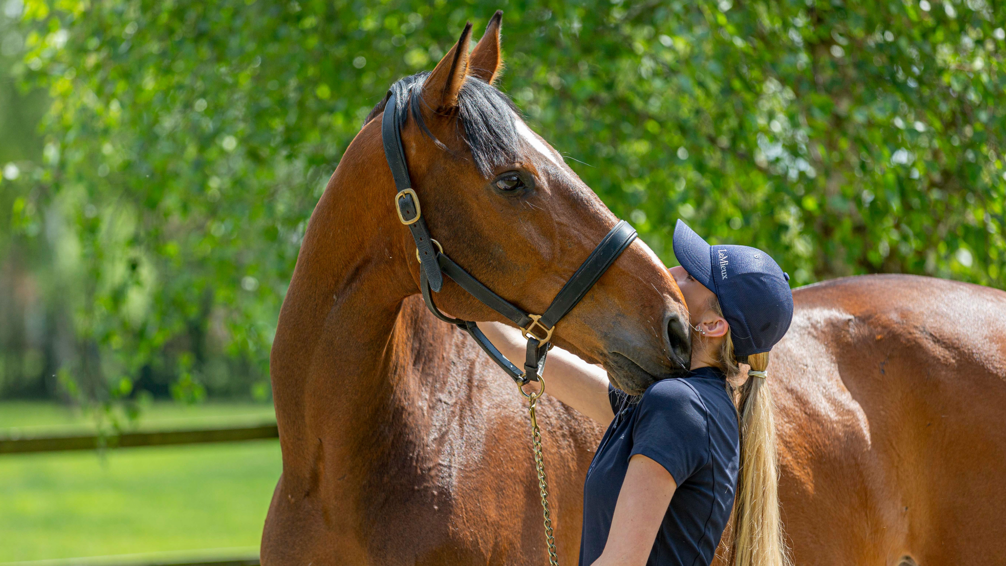 Woman with a long ponytail wearing navy stands with a bay horse, who has his nose on her shoulder