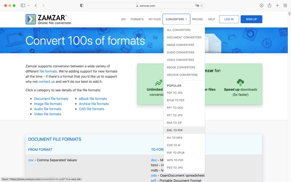 Zamzar's free file conversion in action