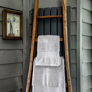 Rustic wooden towel ladder against a green panelled wall