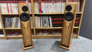 ProAc D20R floorstanding speakers on grey carpet in front of bookcase