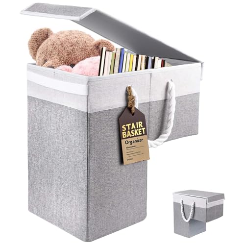 Ecopandy Lightweight L-Shape Large Stairs Basket Flax With Lid, Foldable Step Tidy Storage Basket, Ladder Staircase Baskets, Bin for Laundry, Toys, Staircase Storage Basket Organiser, 40 X 25 X 40 Cm