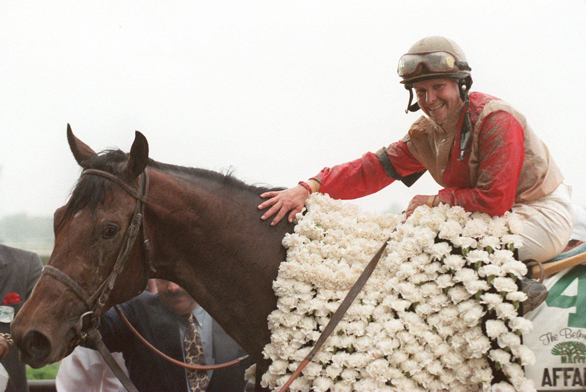 Julie Krone riding Colonial Affair after winning the Belmont Stakes in 1993