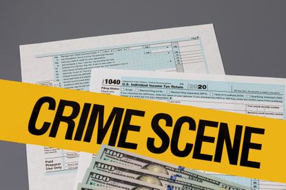 1040 tax returns with crime scene tap and $100 bills