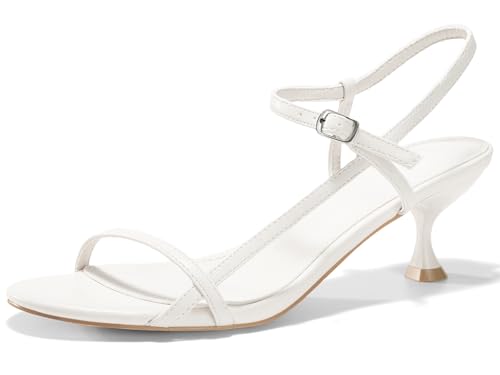 Coutgo Womens Strappy Heeled Sandals Kitten Low Heel Open Toe Ankle Strap Party Wedding Dress Shoes, White, Size 6