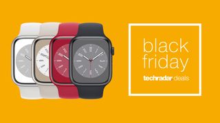 Apple Watch 8 in different colors on yellow background with 'Black Friday deals' overlay