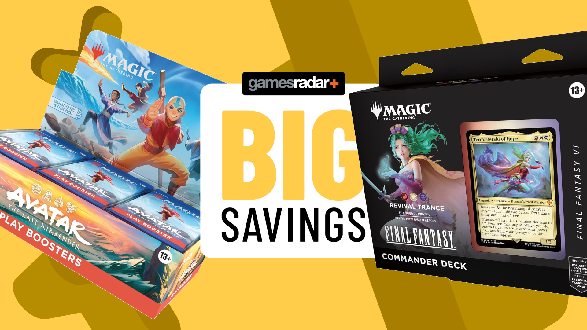 MTG Avatar: The Last Airbender Play Booster Box and Revival Trance Commander Deck box on either side of a GamesRadar+ &#039;big savings&#039; badge, all against a yellow background with darker crosses