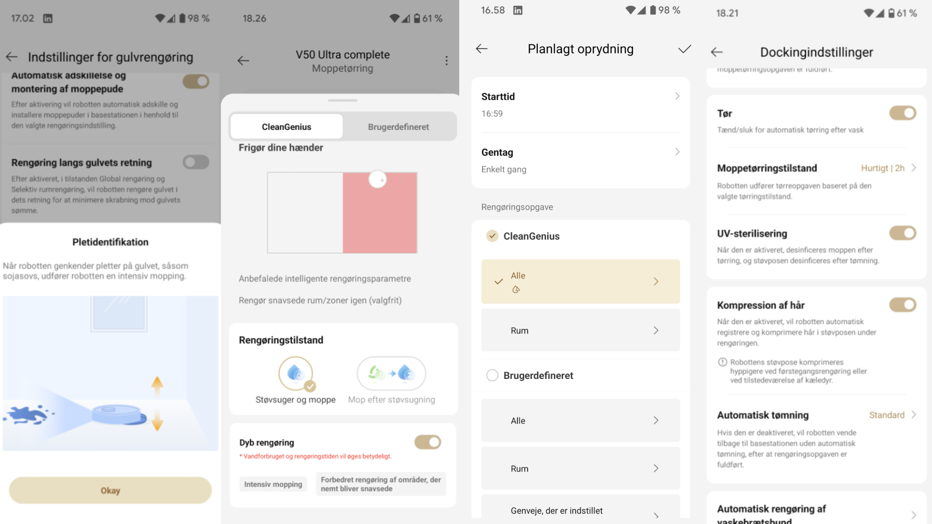 Screenshot af nogle af indstillingsmulighederne på Mova V50 Ultra Complete