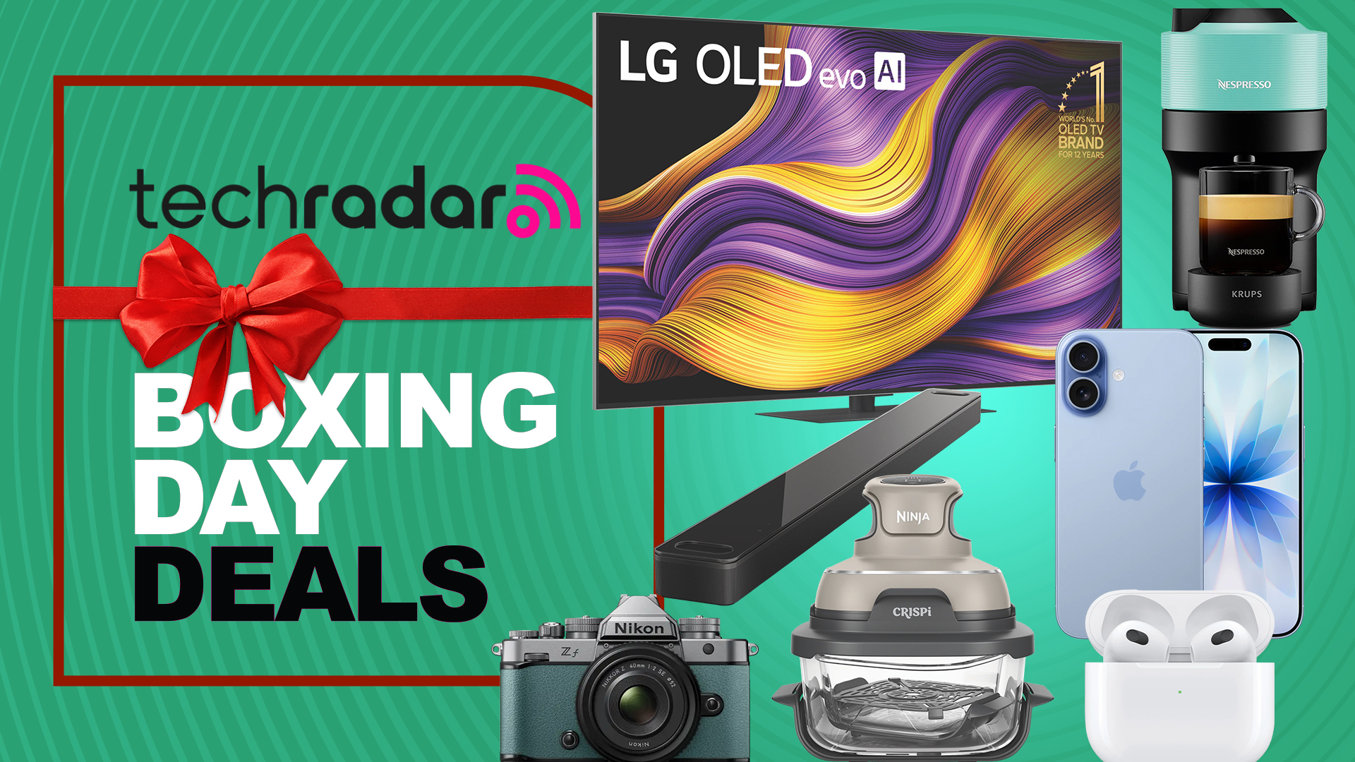 A collection of tech and electronic items on a green TechRadar Boxing Day deals background