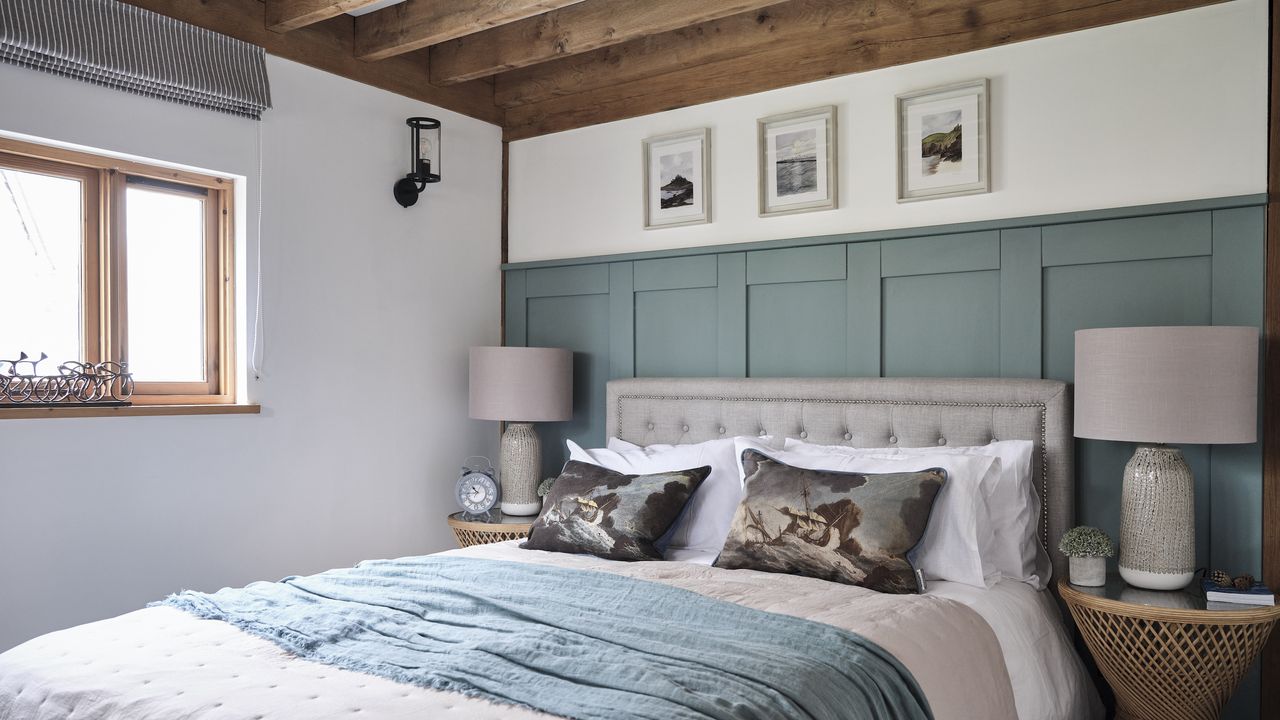 bedroom with blue wall panelling