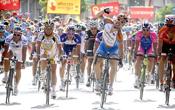 Tyler Farrar (Garmin - Transitions) punches the air as he won the Vuelta's fifth stage in a field sprint.
