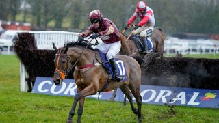 David Prichard riding The Two Amigos clear the last to win The Coral Welsh Grand National Handicap Chase at Chepstow Racecourse on December 27, 2022 in Chepstow, Wales.