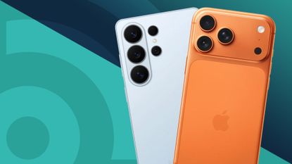 Apple iPhone 17 Pro in Cosmic Orange color in front of a Samsung Galaxy S26 Ultra in a silver white color, both from the back showing the camera arrays