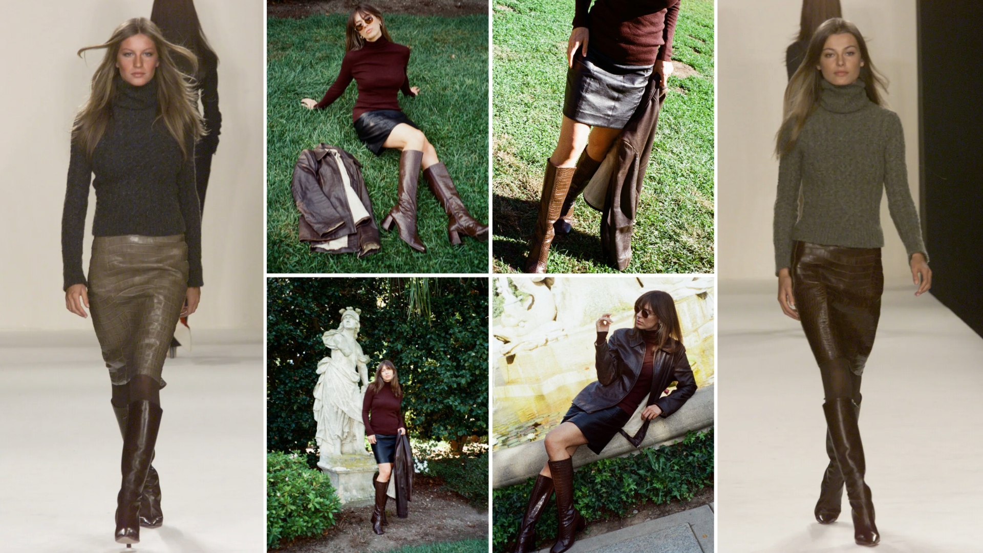 split image of two models from Ralph Lauren Fall 2000 with Kathryn Zahorak modeling brown sweater, leather skirt, and knee high boots