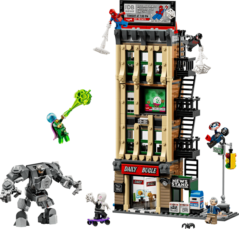 A Lego Spider-Man vs. Mysterio: The Daily Bugle set, with Rhino, Mysterio and other characters attacking the building.