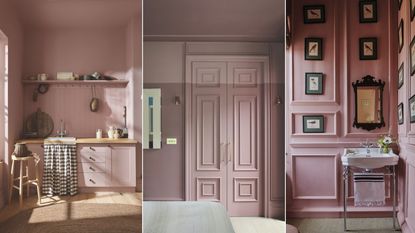 three images collaged of three rooms with pink walls 