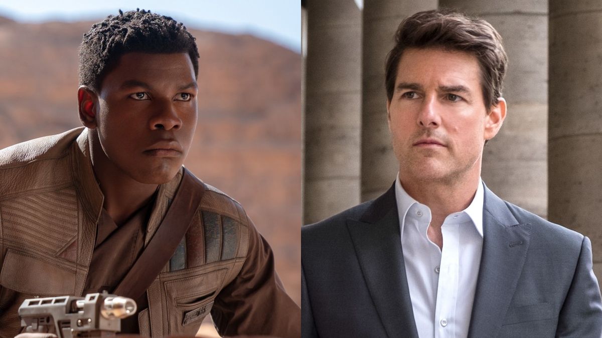 Finn (John Boyega) stakes out an area in Star Wars: The Rise of Skywalker, while Ethan Hunt (Tom Cruise) prepares to meet with someone in Mission: Impossible - Fallout