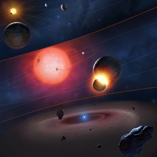 In this artist's illustration, several planetary systems are shown around dying stars, where collisions destroy the rocky alien worlds.