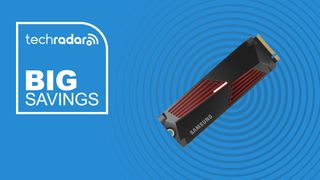 The Samsung 990 Pro SSD with Heatsink in front of a blue background featuring a label reading 'Big savings'.