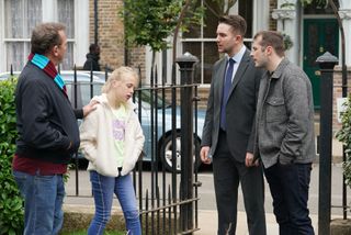 Billy Mitchell, Ben Mitchell and Callum Highway comfort a distressed Lexi Pearce.