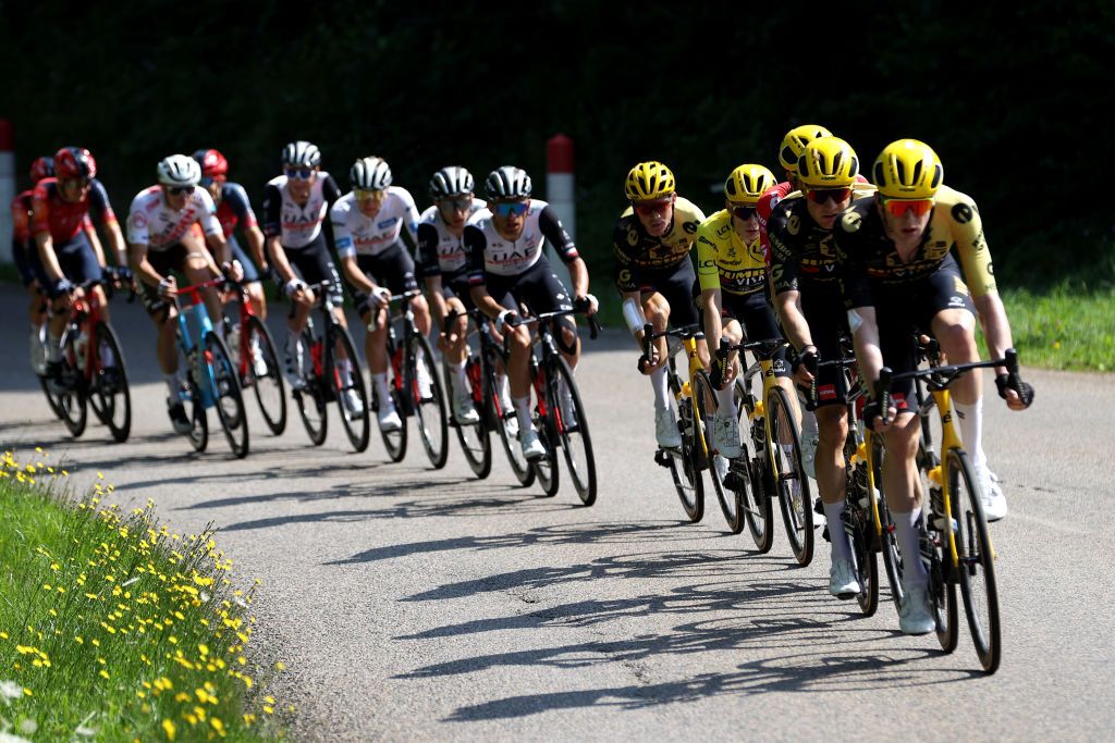 POLIGNY FRANCE JULY 21 Jonas Vingegaard of Denmark and Team JumboVisma Yellow Leader Jersey with teammates lead the peloton during the stage nineteen of the 110th Tour de France 2023 a 1728km stage from MoiransenMontagne to Poligny UCIWT on July 21 2023 in Poligny France Photo by Michael SteeleGetty Images