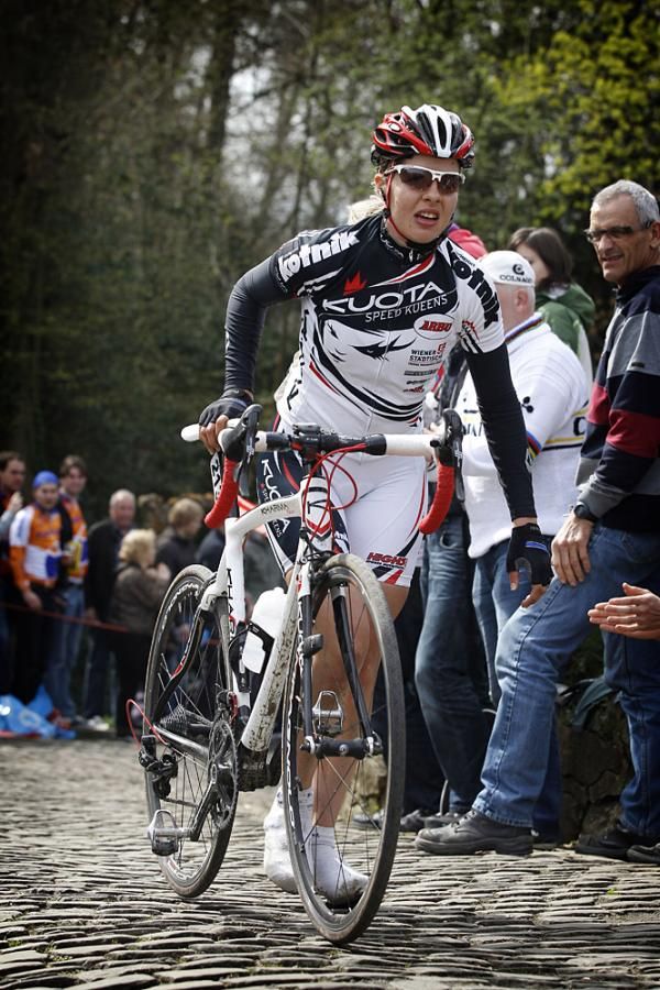 One of the Kuota riders has to walk it up the Kapelmuur