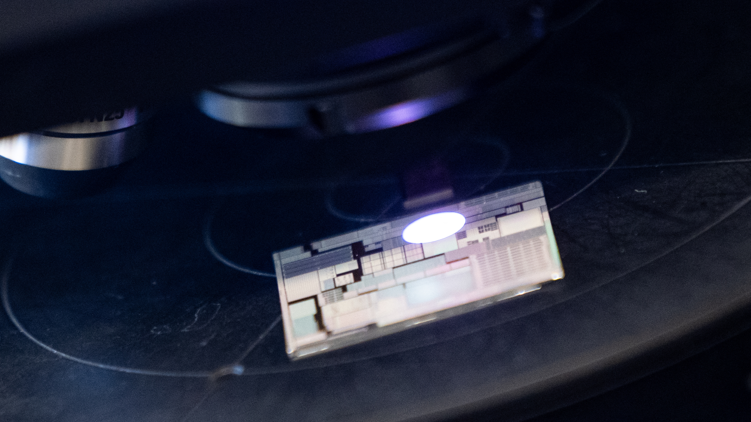 A chip under a scanner at the Center for Heterogeneous and Performance Scaling laboratory