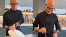 Two screenshots of Stanley Tucci cooking 
