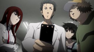 The cast of Steins;Gate seen from below, centered around Rintaro Okabe holding a phone