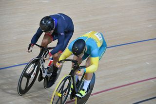 Callum Skinner (GBR) completes a 2-0 win over Matthew Glaetzer (AUS) in the semi final of the 2016 Olympic sprint (Watson)