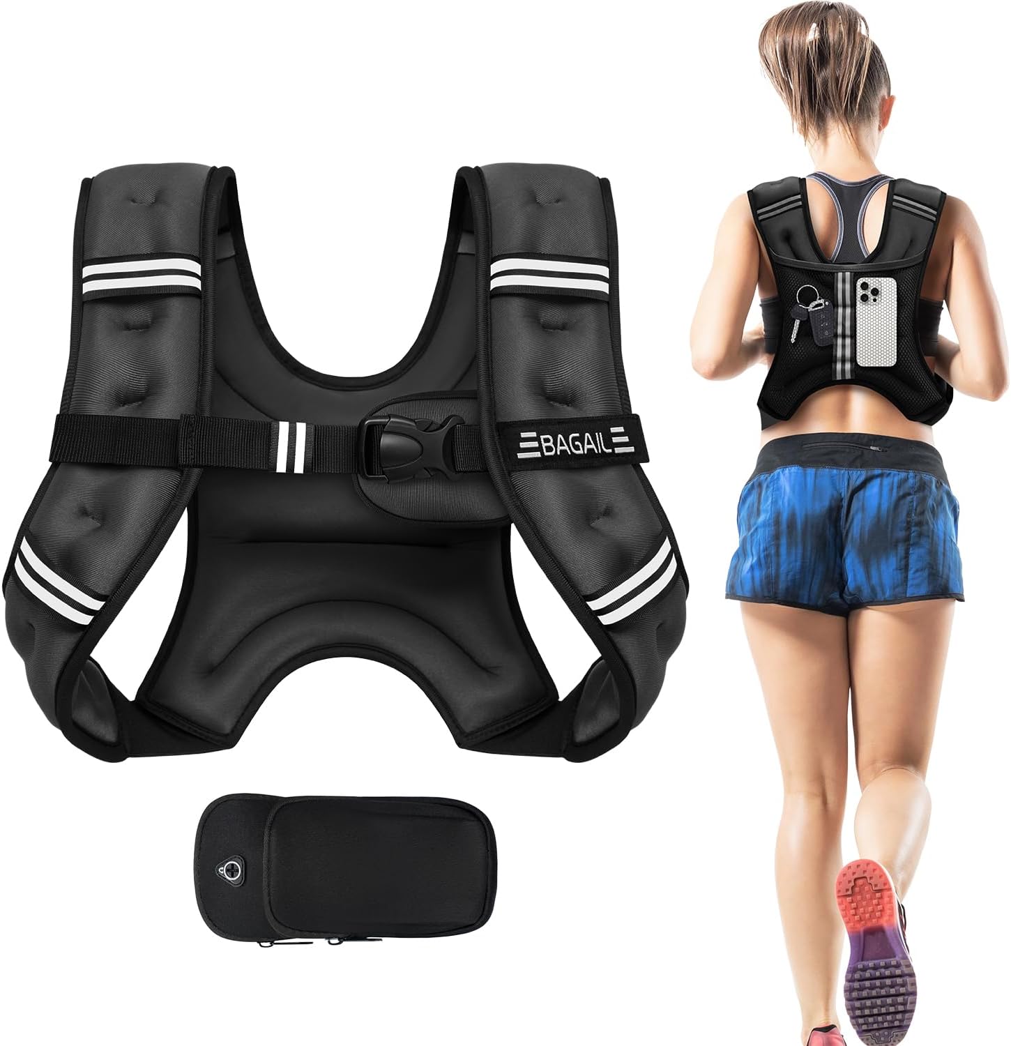 Bagail Weighted Vest, 5lbs/8lbs/10lbs/12lbs/15lbs/20lbs/25lbs/30lbs Weight Vest With Detachable Phone Pouch, Rucking Vest for Women, Men, Walking, Weight Loss, Training, Running
