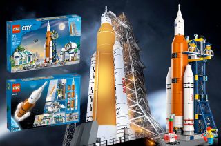 Lego has debuted its version (at right) of NASA's Space Launch System (SLS) rocket (at left, artist rendering) ahead of the Artemis I mission launching to the moon.