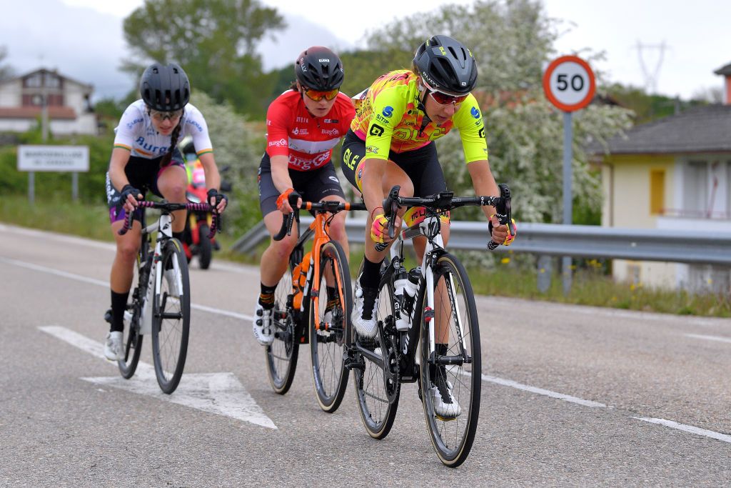 VILLARCAYO SPAIN MAY 21 Anastasia Chursina of Russia and Ale Btc Ljubljana Team Heidi Franz of United States and Team Rally Cycling Red mountain jersey Antri Christoforou of Cyprus and Team Burgos Alimenta Women Cycling Sport in breakaway during the 6th Vuelta A Burgos Feminas 2021 Stage 2 a 97km stage from Pedrosa de Valdeporres to Villarcayo VueltaBurgos BurgosFem UCIWWT on May 21 2021 in Villarcayo Spain Photo by Luc ClaessenGetty Images