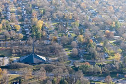 &#039;american modern&#039; book pic showing aerial of church in columbus indiana