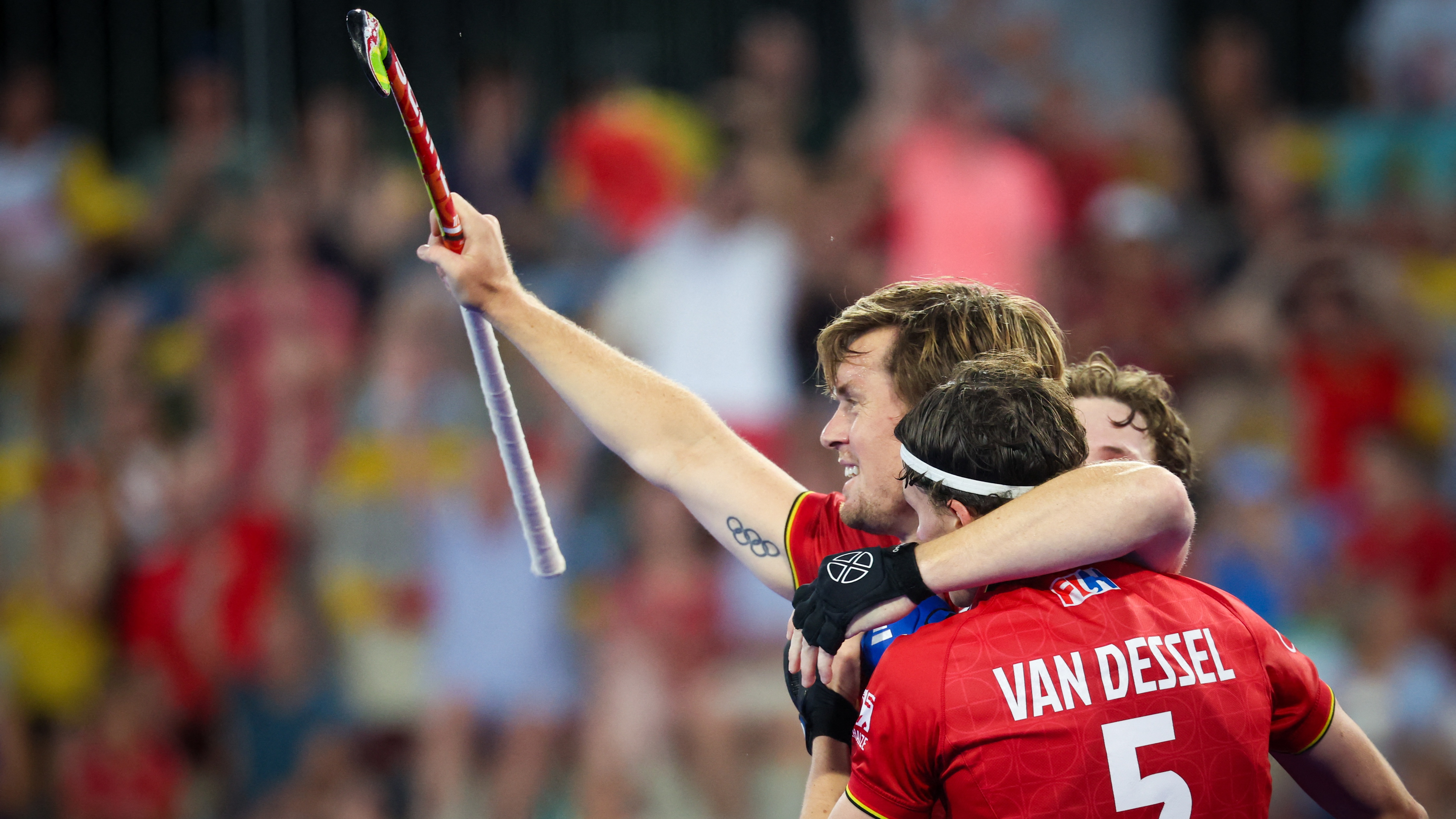 Belgium's Tom Boon celebrates after scoring during a hockey game between Belgian national team Red Lions and Netherlands
